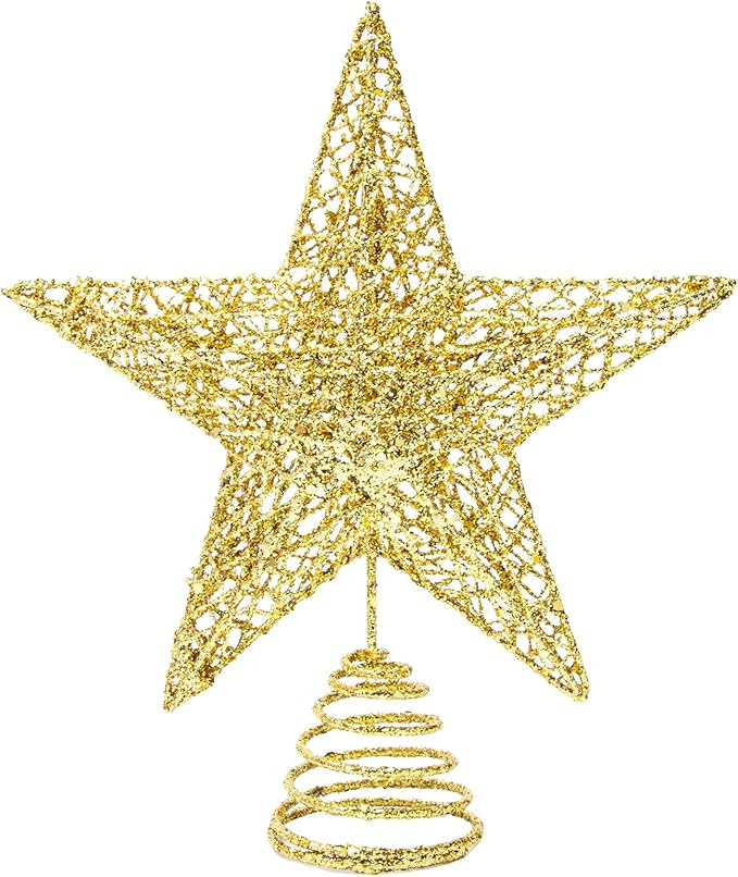 Christmas Tree Topper, 10" Gold Glittered Star with Hollow Design, Tree Topper Star for Christmas... | Amazon (US)