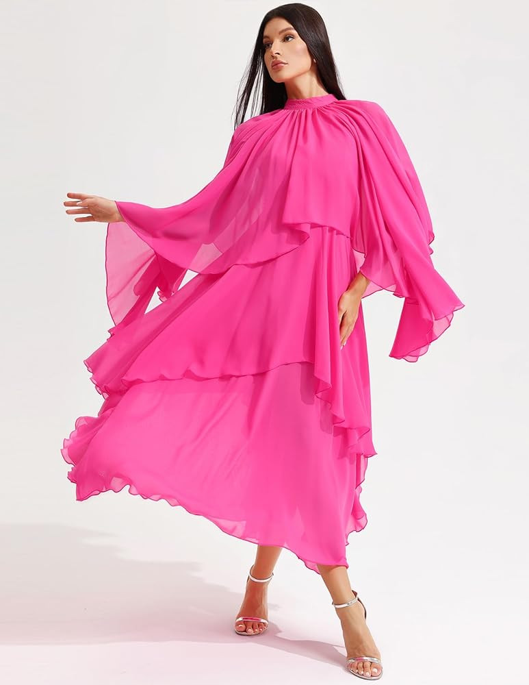 Stand Collar Ruffle Hem Maxi Dress Summer Casual Outing Dress Flowy Dress Vacation Dress for Wome... | Amazon (US)