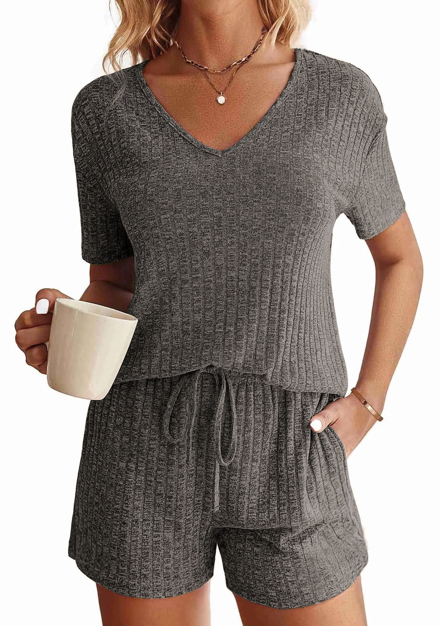 Fantaslook Lounge Sets for Women Knit Pajama Sets Casual Short Sleeve Tops and Shorts Two Piece Loungewear Outfits Sets | Walmart (US)
