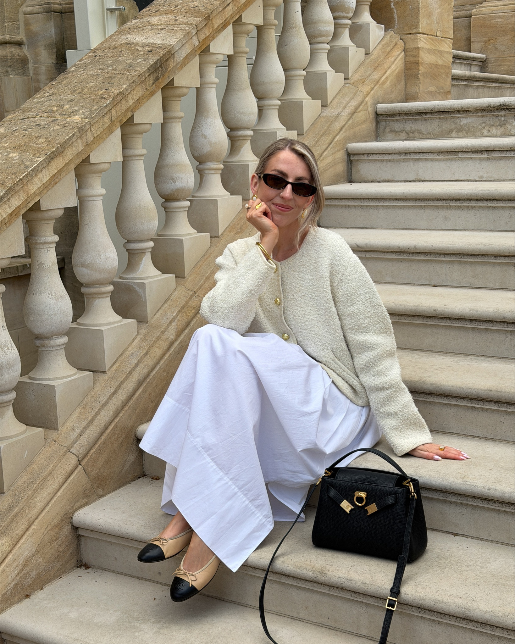 White skirt outfit idea for spring 🤍 

Cream cardigan, Chanel ballet flats, a line white cotton skirt 

#LTKstyletip #LTKspring #LTKsummer