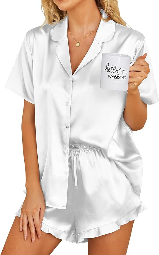 Ekouaer Womens Silk Pajamas Set Button Down 2 Piece Satin Pjs Shorts Set Ruffle Notch Collar Slee... | Amazon (US)
