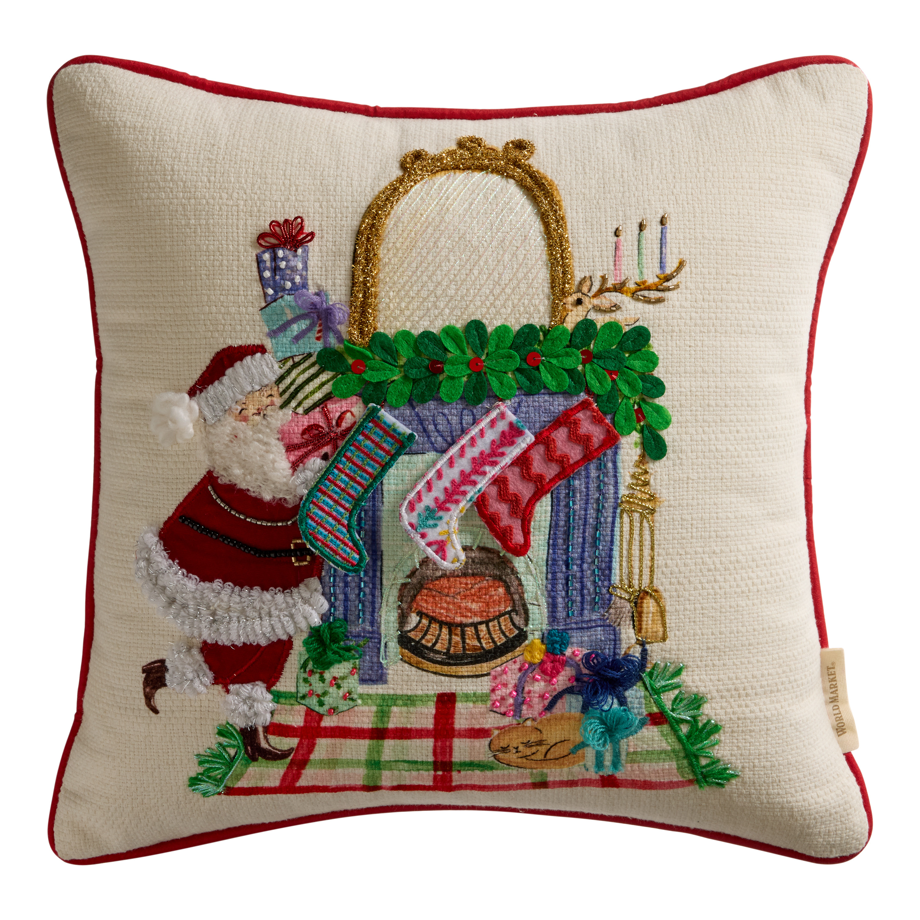 Santa Fireplace Scene Embroidered Beaded Throw Pillow | World Market