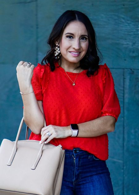 Swiss Dot red top (runs big. Size down  and jeans. This is the perfect brunch outfit, holiday outfit with a dash of casual. 
Gibson Look top. 

#LTKunder100 #LTKSeasonal #LTKHoliday