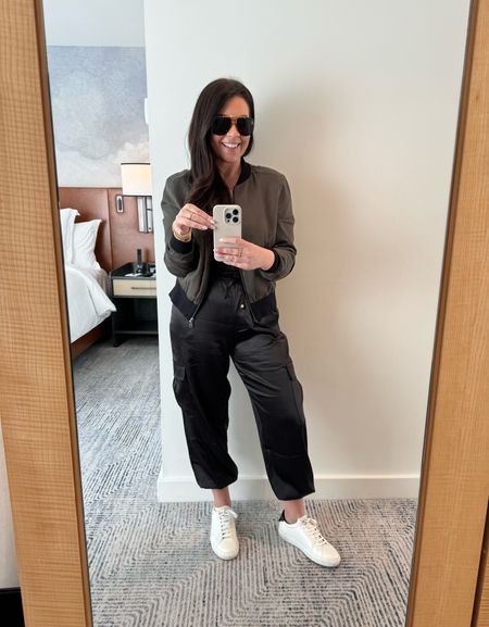 Fancy joggers and look today!! (Jacket is old but linked similar options) 

#silkjogger #joggers #sneakers #springoutfit #travel #airportoutfit 
