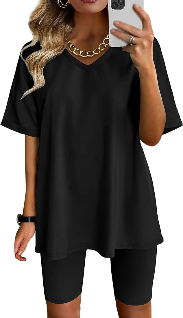 AGSEEM Two Piece Outfits For Women Summer V Neck T-Shirt Tops Biker Shorts Workout Sports Tracksu... | Amazon (US)