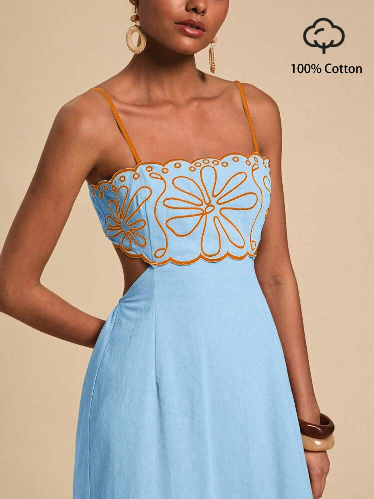 Travachic A-Line Open Back Embroidery Strap Midi Dress, Vacation & Casual Baby Blue Dress | SHEIN