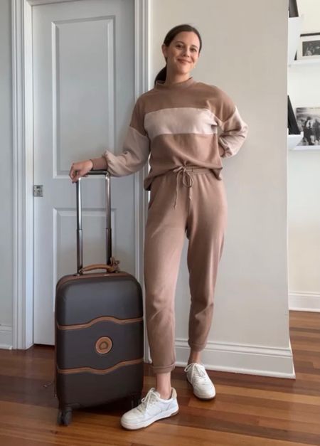 Sweatsuit TTS (Wearing small), Madewell sneakers TTS, Delsey suitcase is 21” carry on! 
