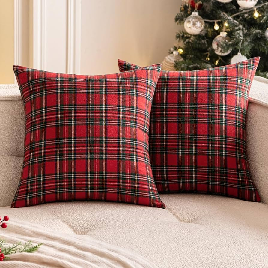 Woaboy Christmas Set of 2 Scottish Tartan Throw Pillow Covers Farmhouse Classic Plaid Decorative ... | Amazon (US)