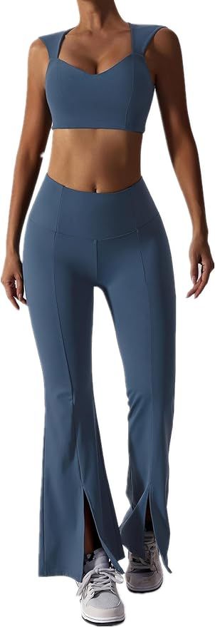 ABOCIW Workout Sets for Women 2 Piece High Waist Flared Leggings Slit Hem V Neck Sports Bra Gym Y... | Amazon (US)