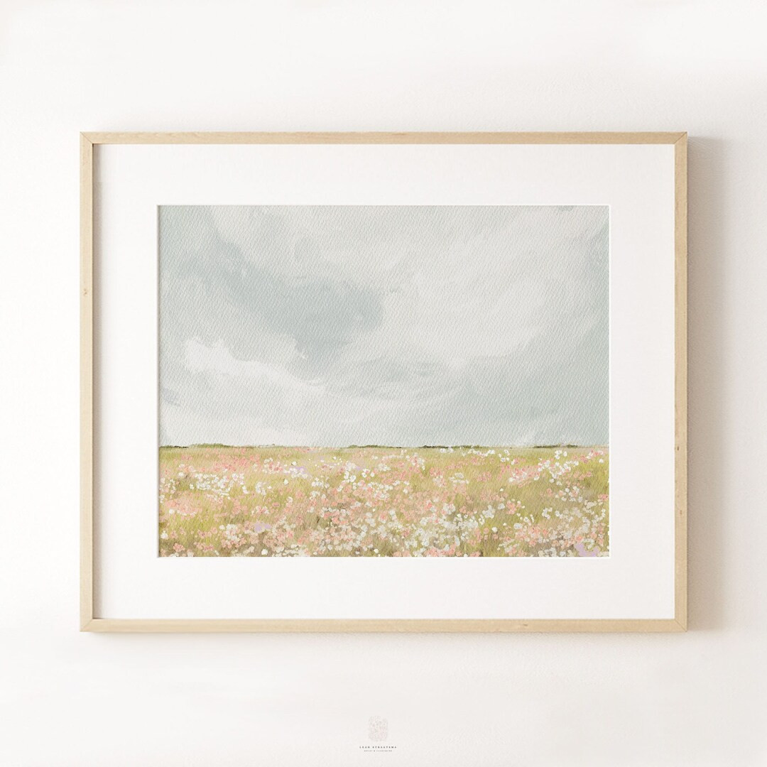 Flower Field Art Print, Printable Wall Art, Soft Landscape Bedroom Decor, Pastel Meadow Wall Art,... | Etsy (US)