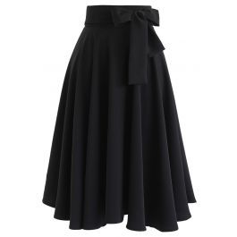 Flare Hem Bowknot Waist Midi Skirt in Black | Chicwish