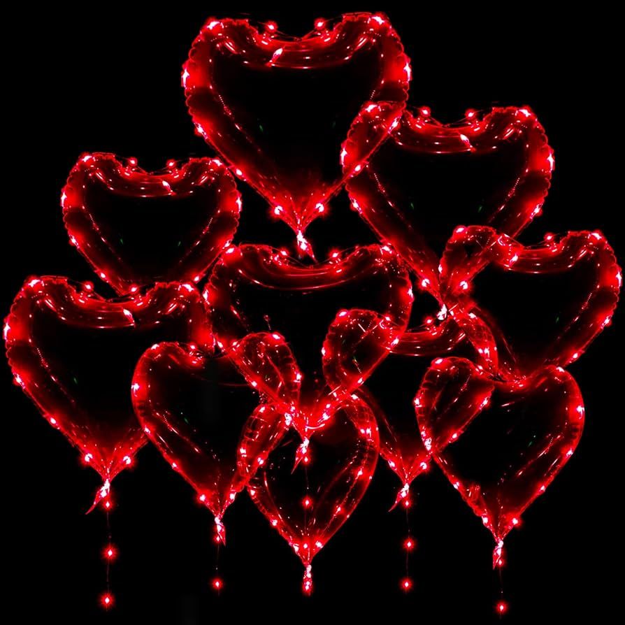 10 PCS Light Up Heart Led Balloons, Valentines Red Heart Shaped Clear Helium Bobo Balloons, Glow ... | Amazon (US)