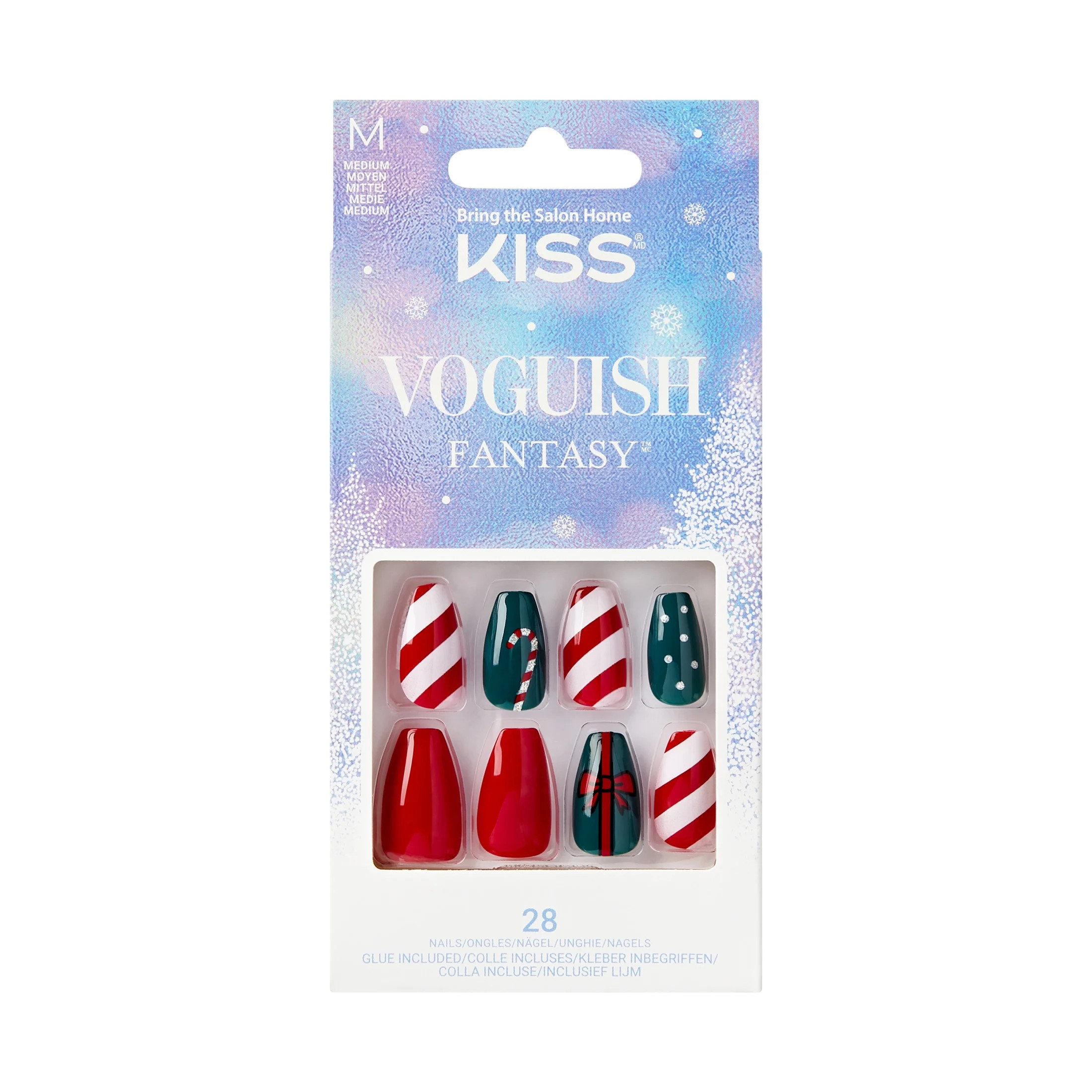 KISS Voguish Fantasy Holiday, Press on Nails, Frostlight, Red, Medium Coffin, 28 Count | Walmart (US)