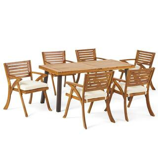Noble House Scarlet 7-Piece Acacia Wood Rectangular Outdoor Dining Set with Cream Cushions 9927 -... | The Home Depot