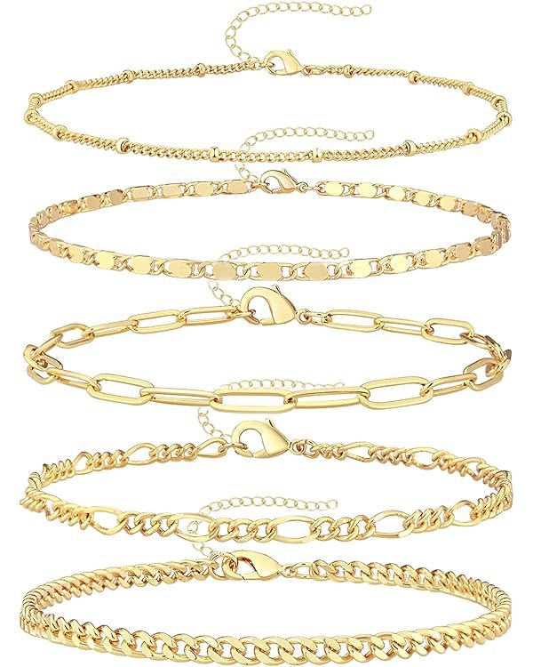 Reoxvo Dainty Gold Chain Bracelets Set for Women 14K Real Gold Plated Link Chain Bracelets for Wo... | Amazon (US)