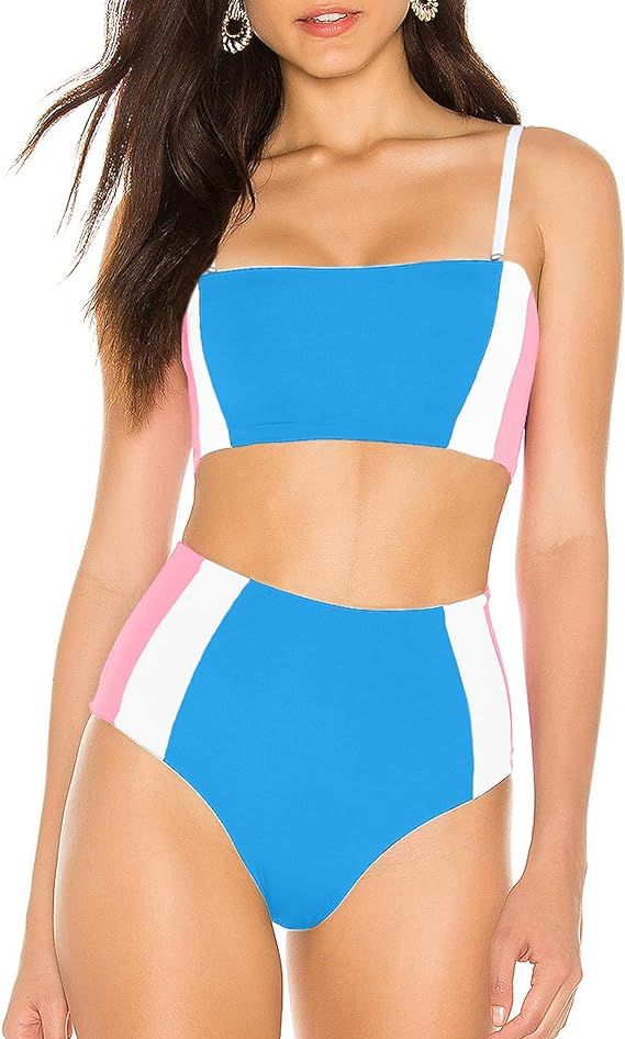 Womens High Waisted Bikini Sets Color Block 2 Piece Swimsuit Sports Tummy Control Bathing Suit Te... | Amazon (US)