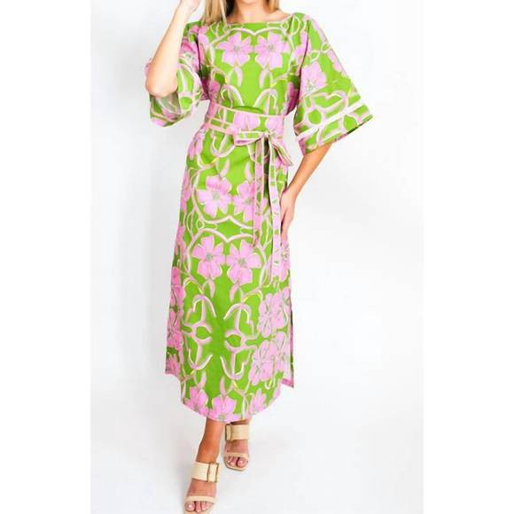 NEW HOUSE OF MBR palm house caftan dress in pink/green | Poshmark