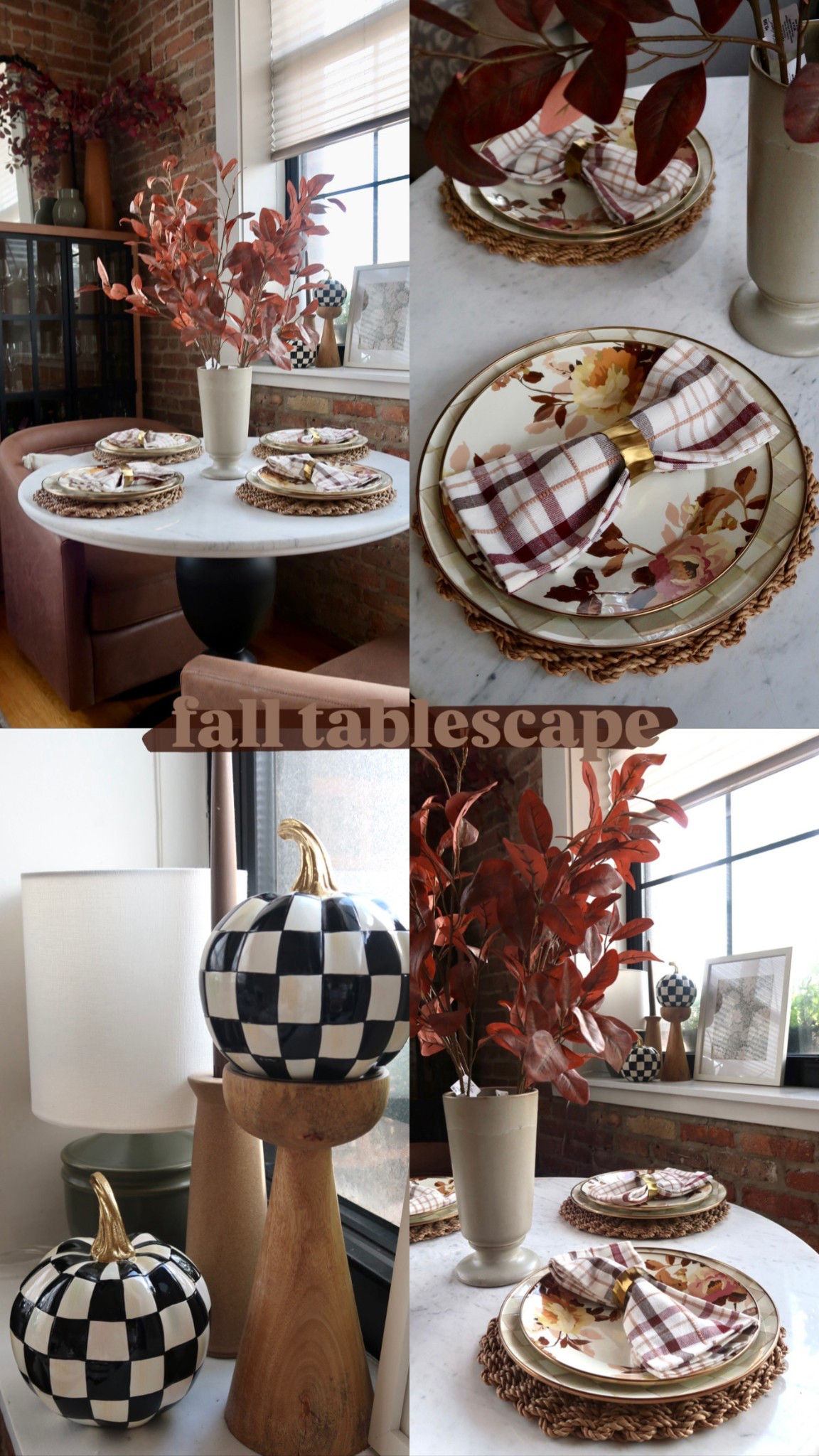 Fall dining table table scape, Mackenzie Childs dinnerware, pumpkins, marble table, faux leather chairs 

#LTKHome #LTKFallSale #LTKSeasonal