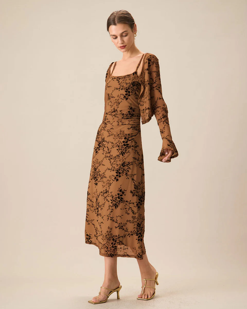Brown Floral Two-piece Midi Dress | rihoas.com