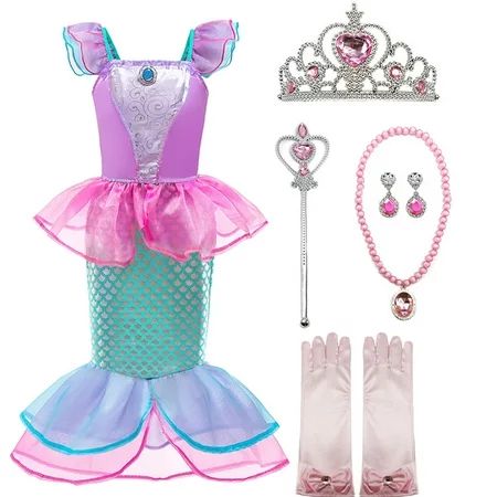 Little Girls Mermaid Princess Costume for Girls Dress Up Party with Gloves Crown | Walmart (US)