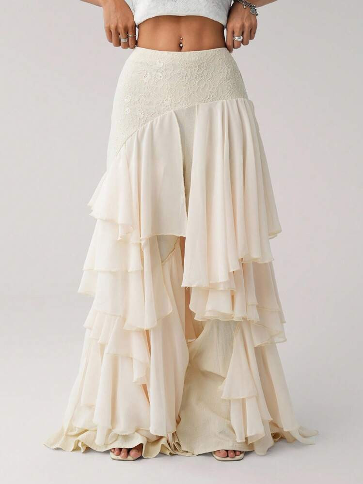 SHEIN ICON Asymmetrical Chiffon Ruffle Patchwork Loose Women Ruffle Hem Pants Beige Pants | SHEIN