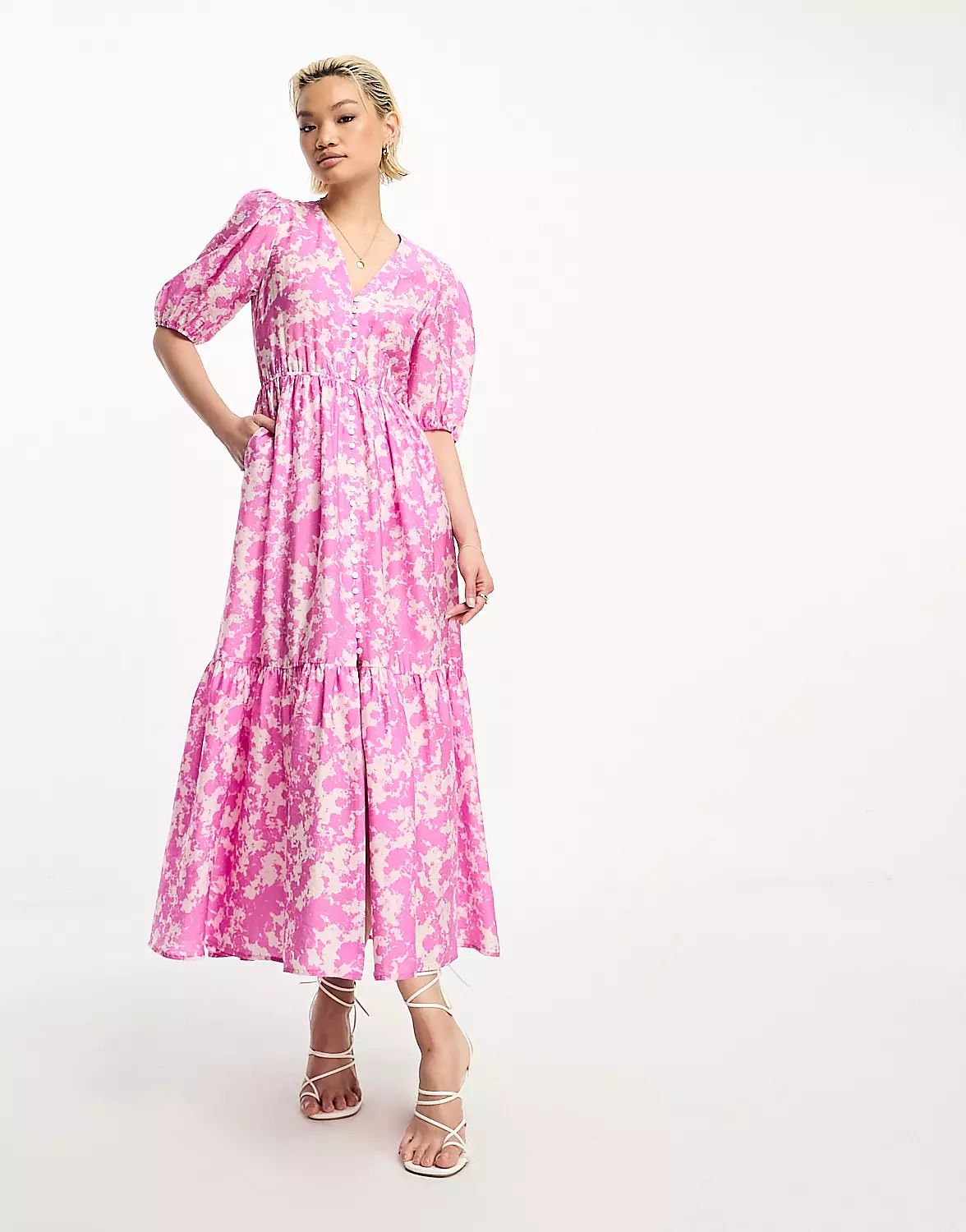 & & Other Stories tiered volume maxi dress in pink marble | ASOS (Global)