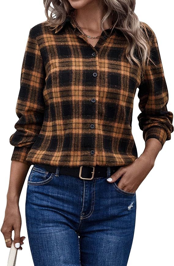 Blooming Jelly Womens Flannel Shirts Plaid Shacket Long Sleeve Button Down Collared Fall Tops at ... | Amazon (US)