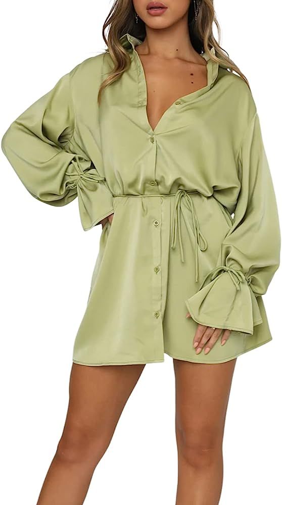 Women Satin Petticoat Mini Dress, Long Sleeve Button Down Tunic Dress Collared V Neck Party Club ... | Amazon (US)