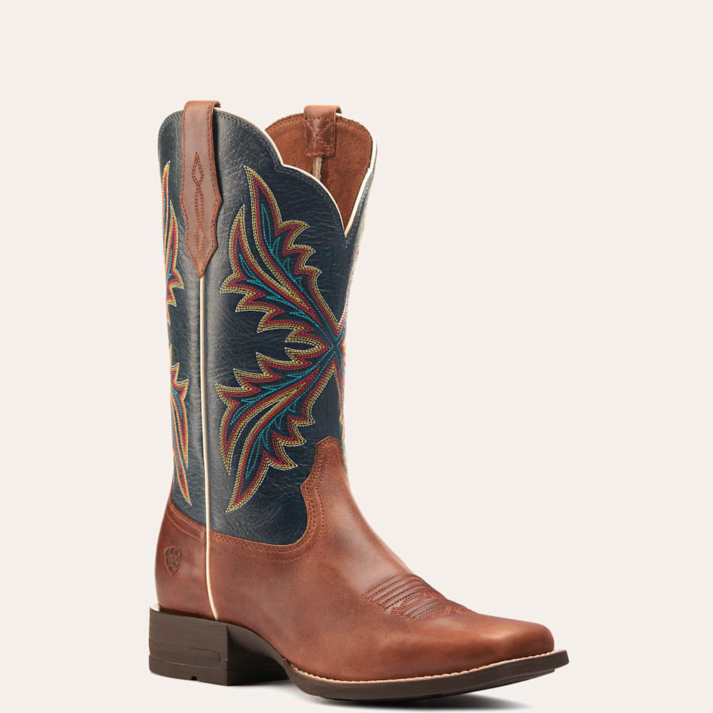 Ariat Women's West Bound Russet Rebel and Crackle Navy Shock Shield Wide Square Toe Cowboy Boots | Cavender's