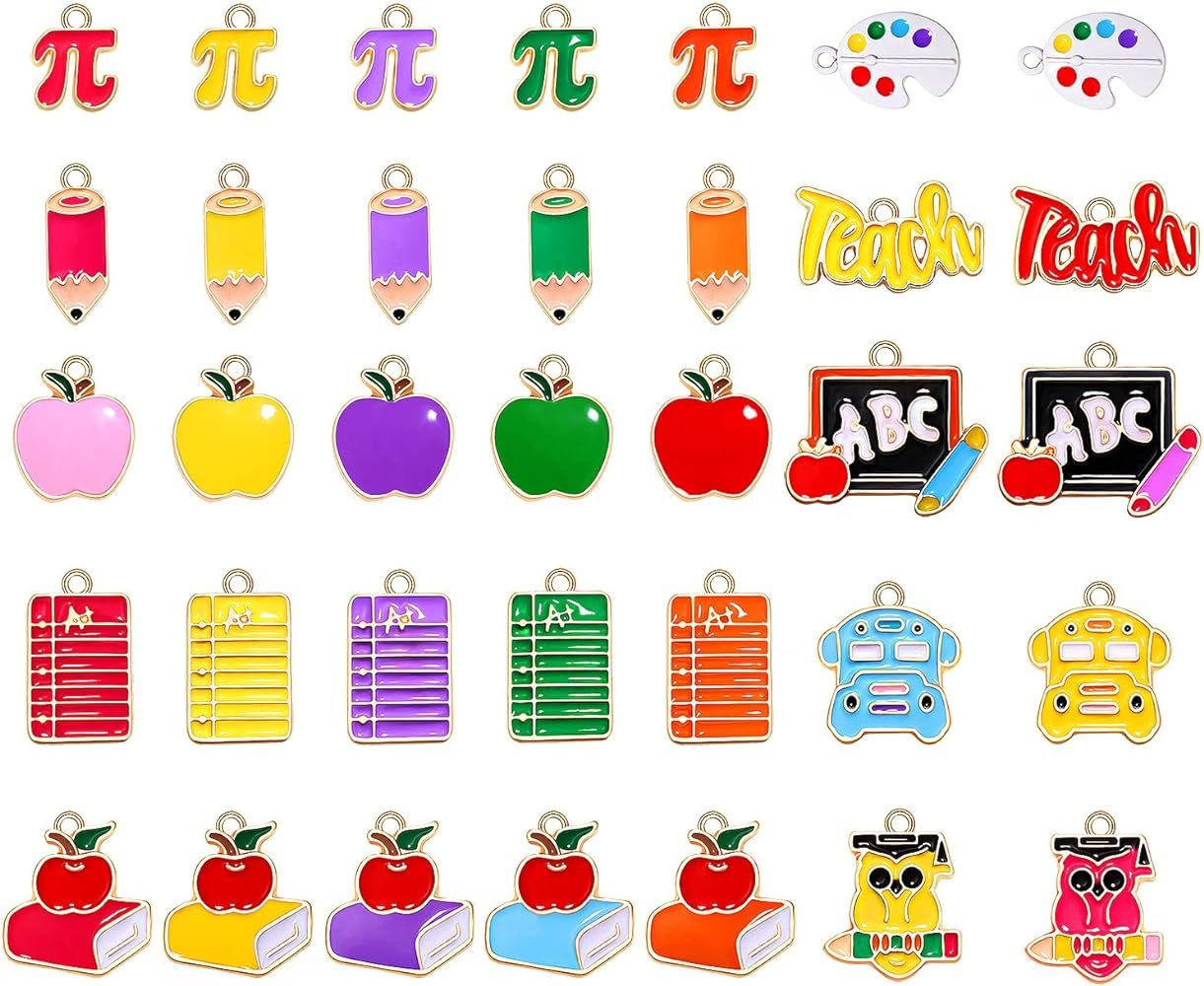 CEALXHENY 35PCS Teacher Charms for Jewelry Making Enamel Student School Charms Cute Apple Book Pe... | Amazon (US)