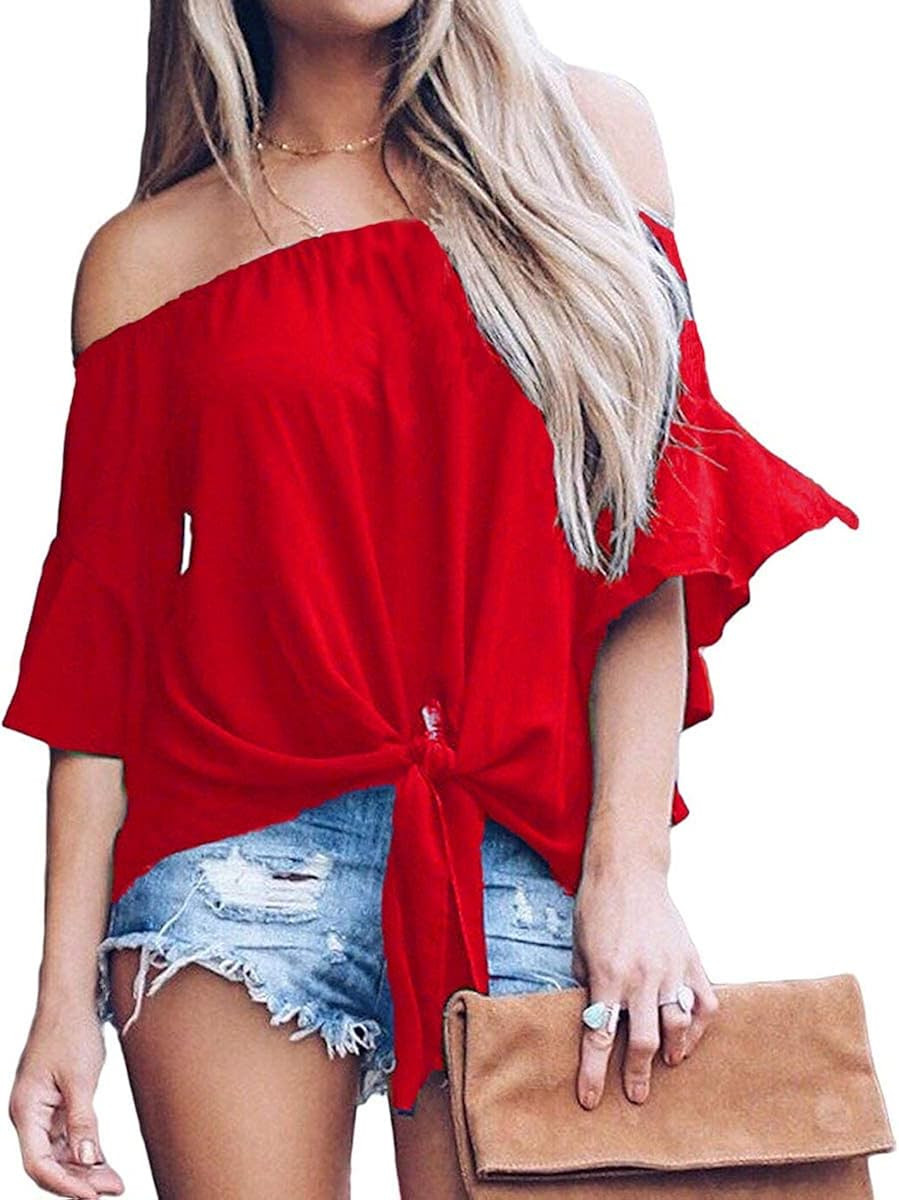 LuckyMore Off The Shoulder Tops Women Summer 3/4 Bell Sleeve Tie Knot Boho Shirt Blouses | Amazon (US)