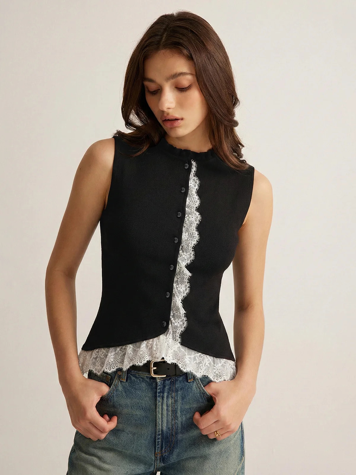 Lace Trim Button Front Knit Vest | Commense