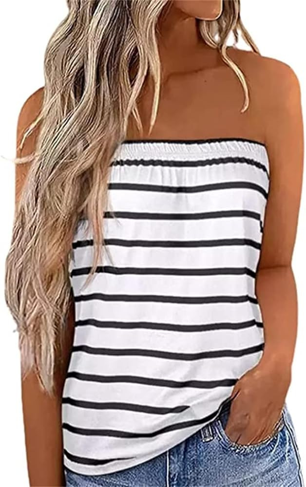 Fronage Womens Tube Tops Strapless Striped Tanks Backless Sexy Casual Bandeau Sleeveless Shirts | Amazon (US)