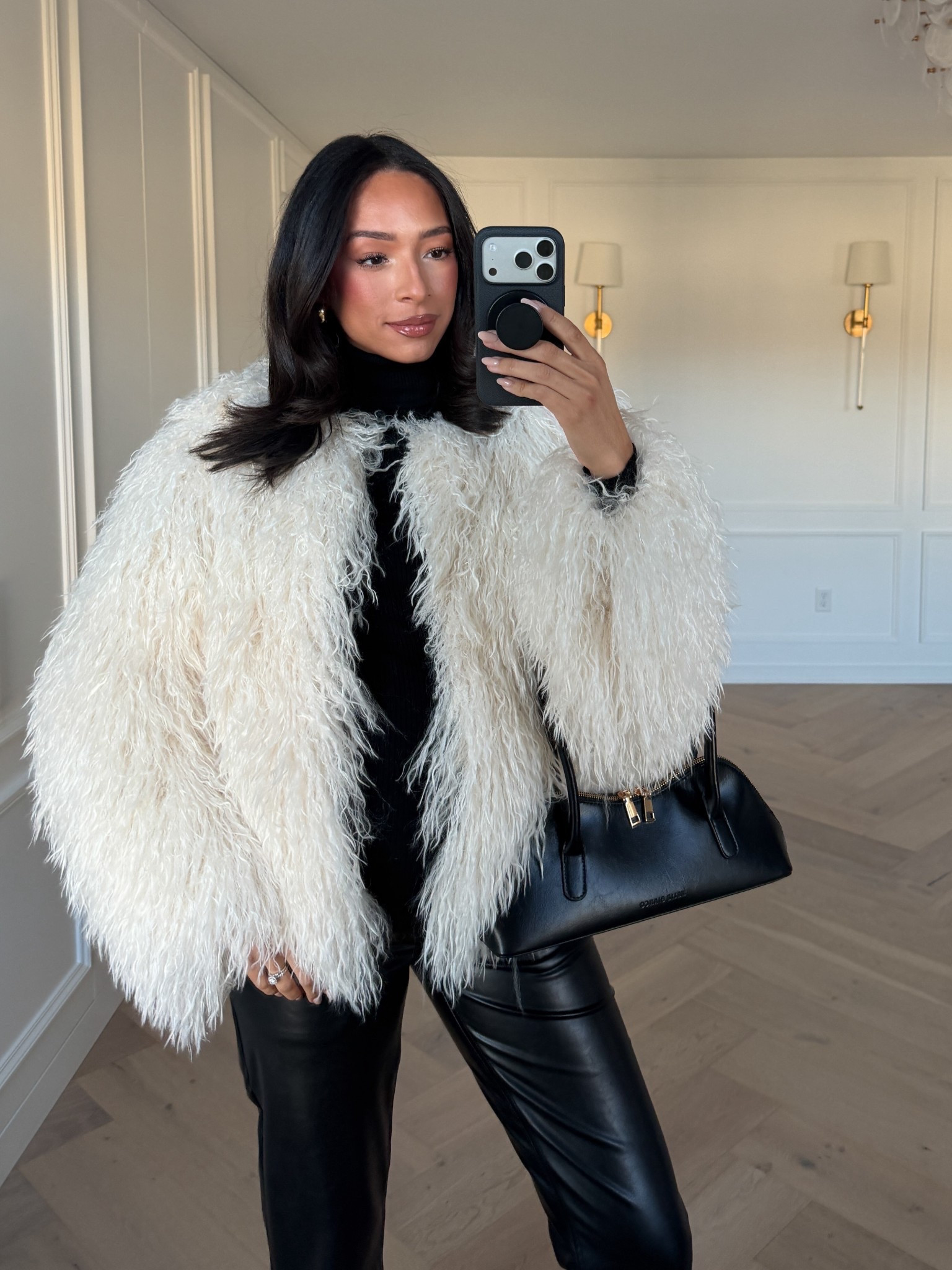 25% OFF Select Styles + an extra 25% OFF in APP with code GIFTSFORYOU!! Wearing size M black long sleeve top, size M faux fur coat and size 26 long black faux leather maternity leggings 

Holiday outfit 
Holiday party outfit 
Winter outfit 
Winter fashion 
Faux fur coat
Leather pants

#LTKSaleAlert #LTKHoliday #LTKBump