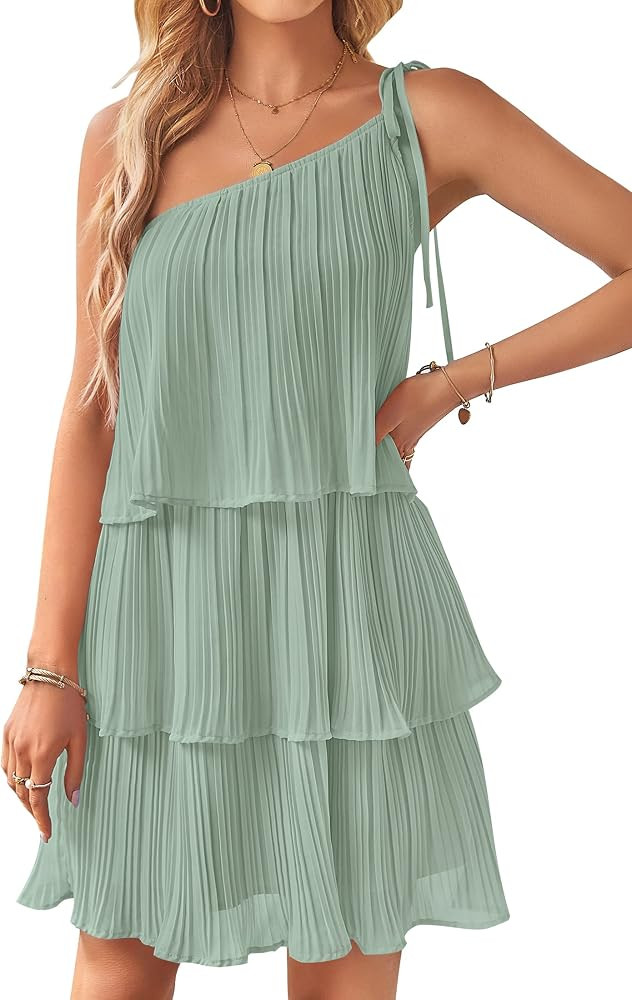 ZESICA Women's 2023 Boho Summer One Shoulder Sleeveless Ruffle Tiered Layered Chiffon Pleated A L... | Amazon (US)