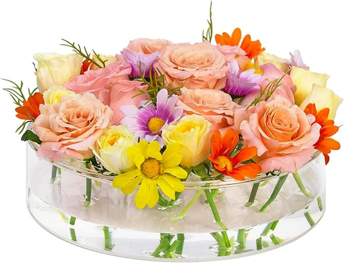 Round Acrylic Flower Vase (D:9.8" H:2.6"), Unique Vases for Flower Circular Leak-Proof Clear Low ... | Amazon (US)