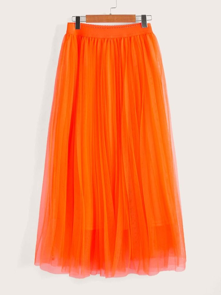 SHEIN Mulvari Neon Orange Wide Waist Pleated Mesh Skirt | SHEIN