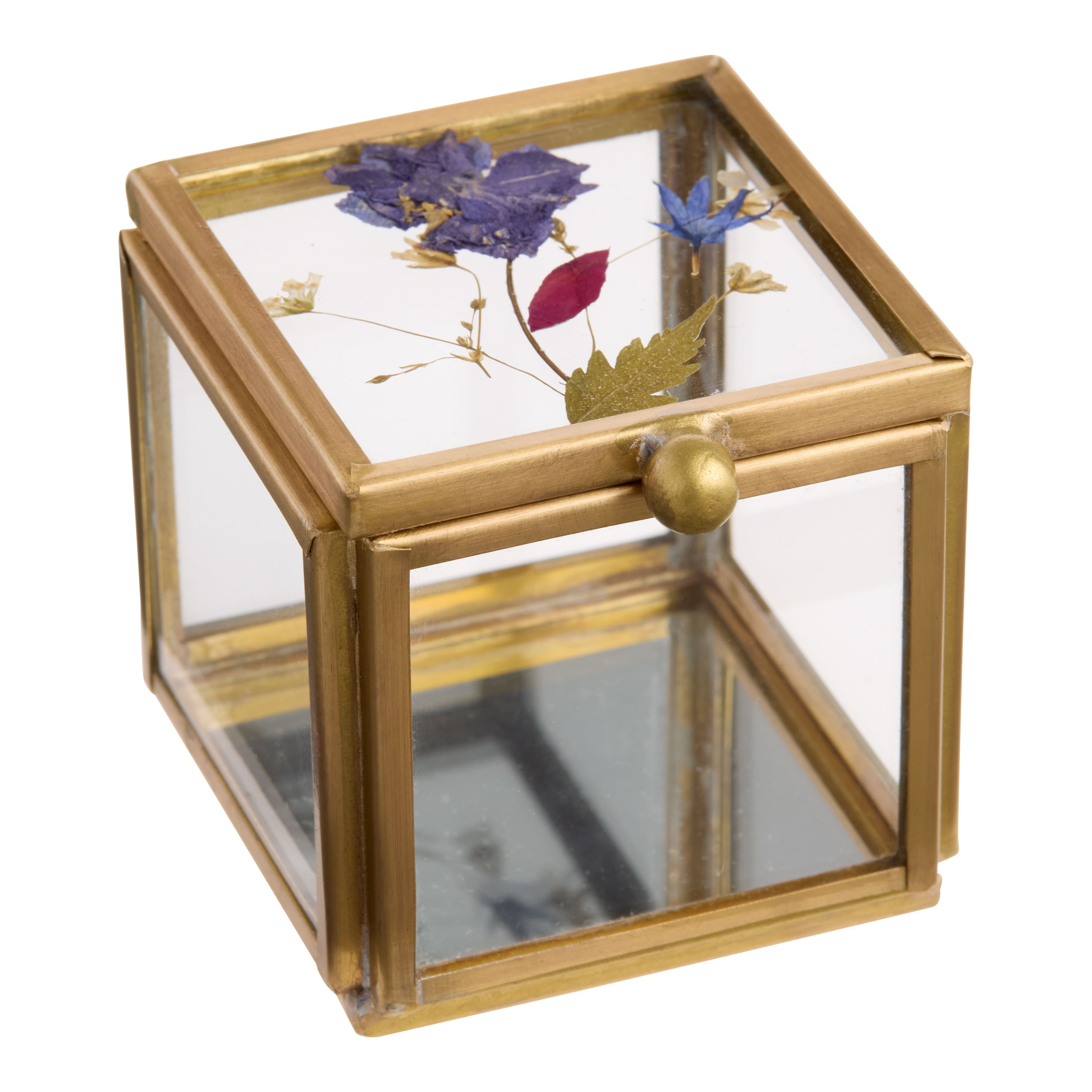 Mini Square Glass Pressed Flower Trinket Box | World Market