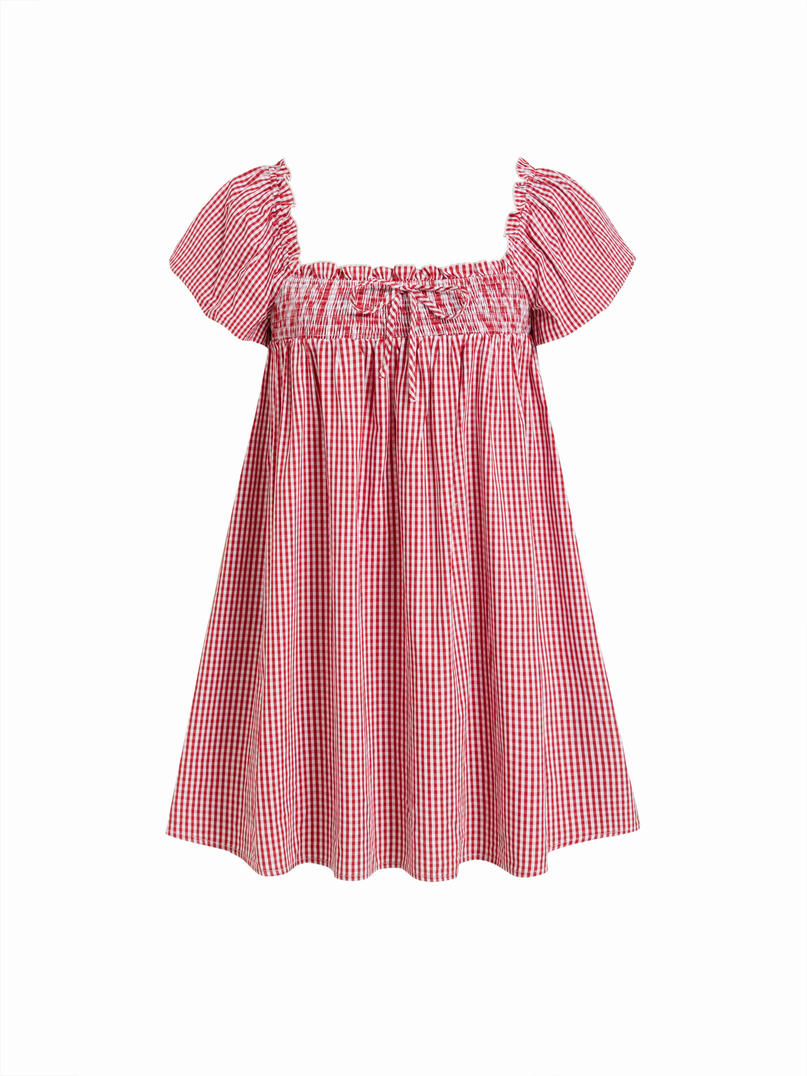 Woven Cotton-blend Gingham Shirred High Rise Mini Dress For Daily Casual | Cider