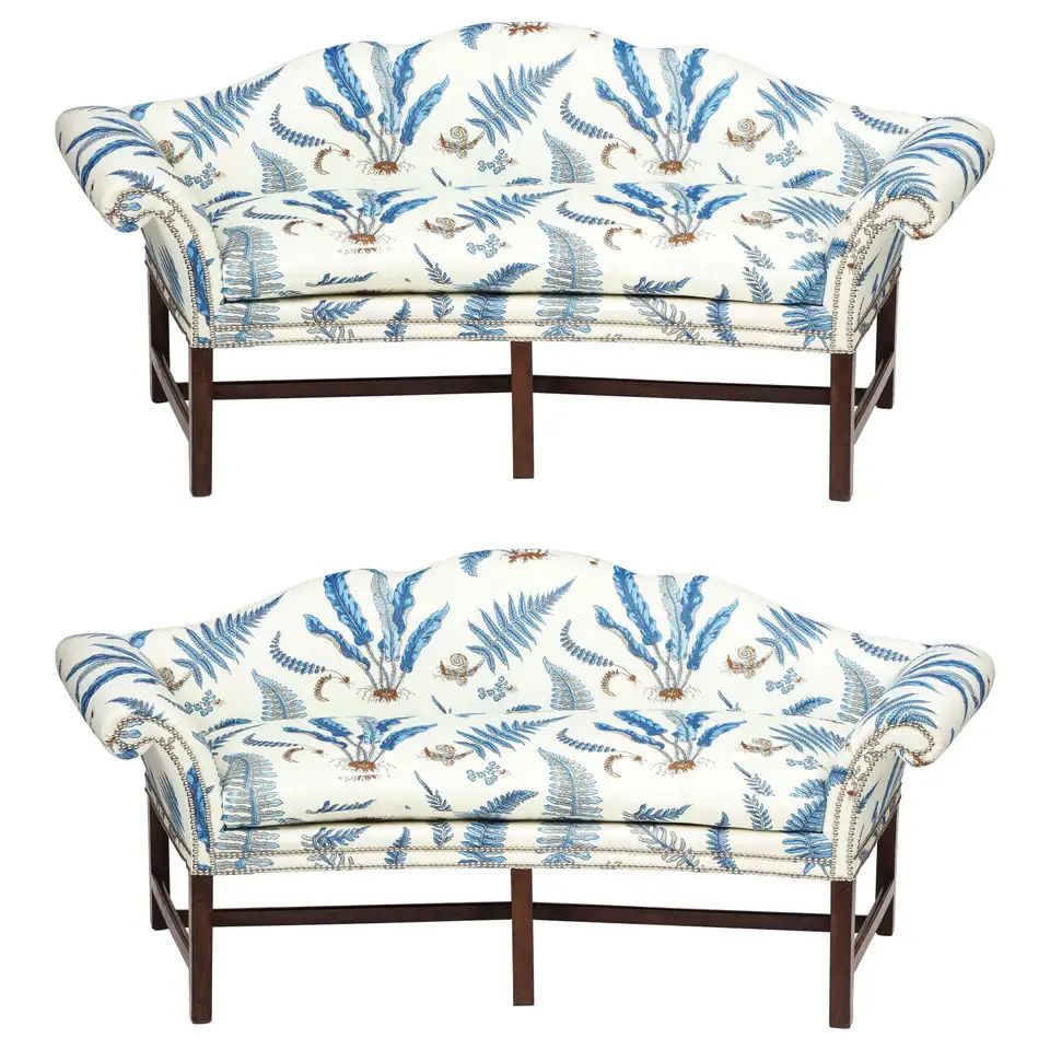 Pair of Chippendale Style Mahogany Camelback Sofas | 1stDibs