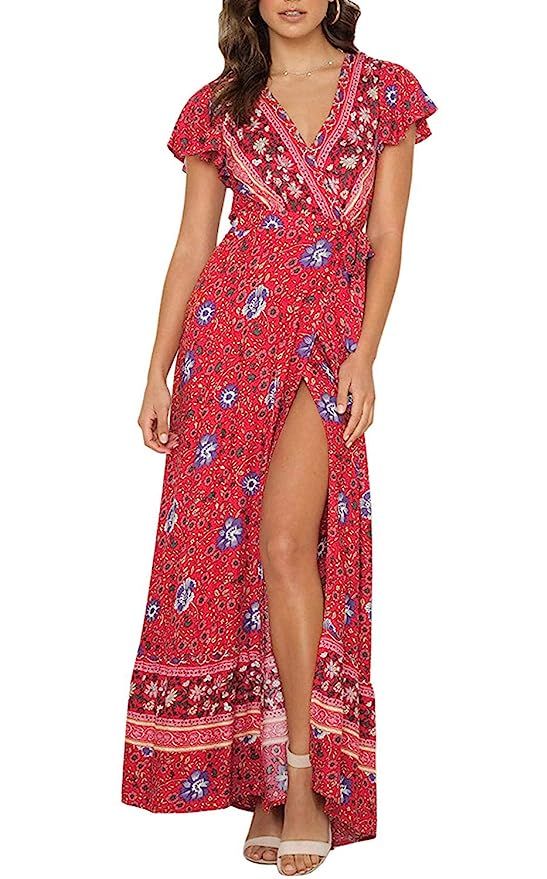 ZESICA Women's Bohemian Floral Printed Wrap V Neck Short Sleeve Split Beach Party Maxi Dress | Amazon (US)