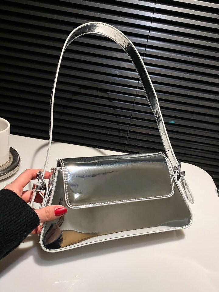 Metallic Flap Baguette Bag | SHEIN