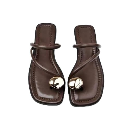HDFDB Women'S Leather Strappy Flat Metal Toe Ring Sandals Fashionable Square Open Toe Low Block Heel Slip-On Clip Toe Slide Sandals Casual Summer Beach Slipper (brown,6) | Amazon (US)