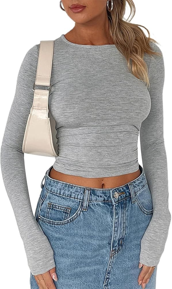 Women Fall Long Sleeve Basic Slim Fitted T Shirts Going Out Crop Tops Y2k Tops Tight Tees Shirt Stre | Amazon (US)