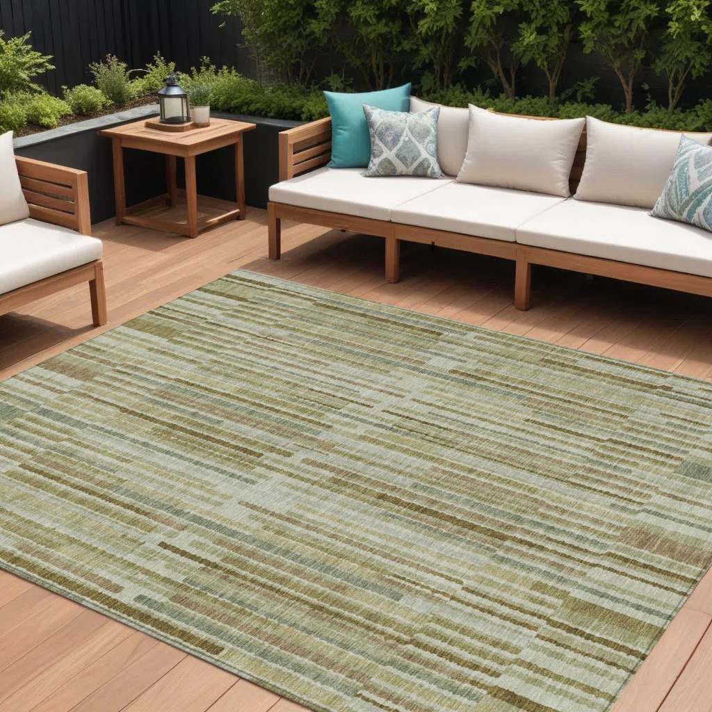 10' X 14' Khaki And Olive Green Striped Washable Indoor Outdoor Area Rug | Wayfair North America