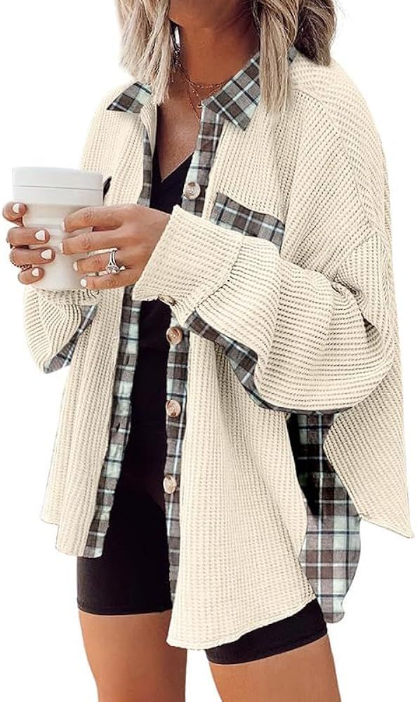 Melliflo Waffle Knit Plaid Shacket for Women,Boyfriend Loose Shirt Jacket with Pockets, Button Do... | Amazon (US)