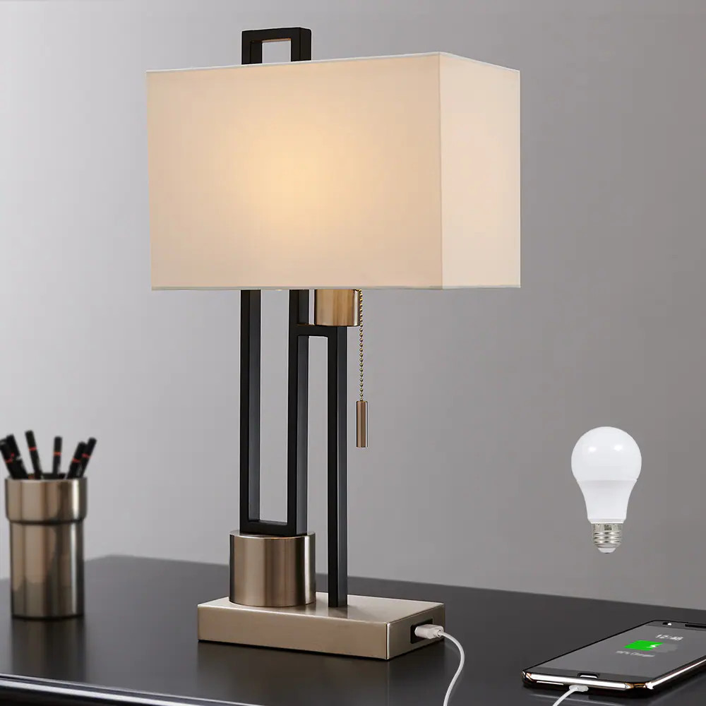 True Fine 21-in Matte Black/Brushed Nickel LED Pull-chain Table Lamp with Fabric Shade | 9026T | Lowe's