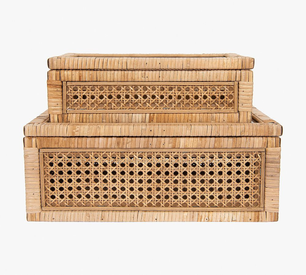 Woven Rattan and Wood Boxes - Set of 2 | Pottery Barn (US)