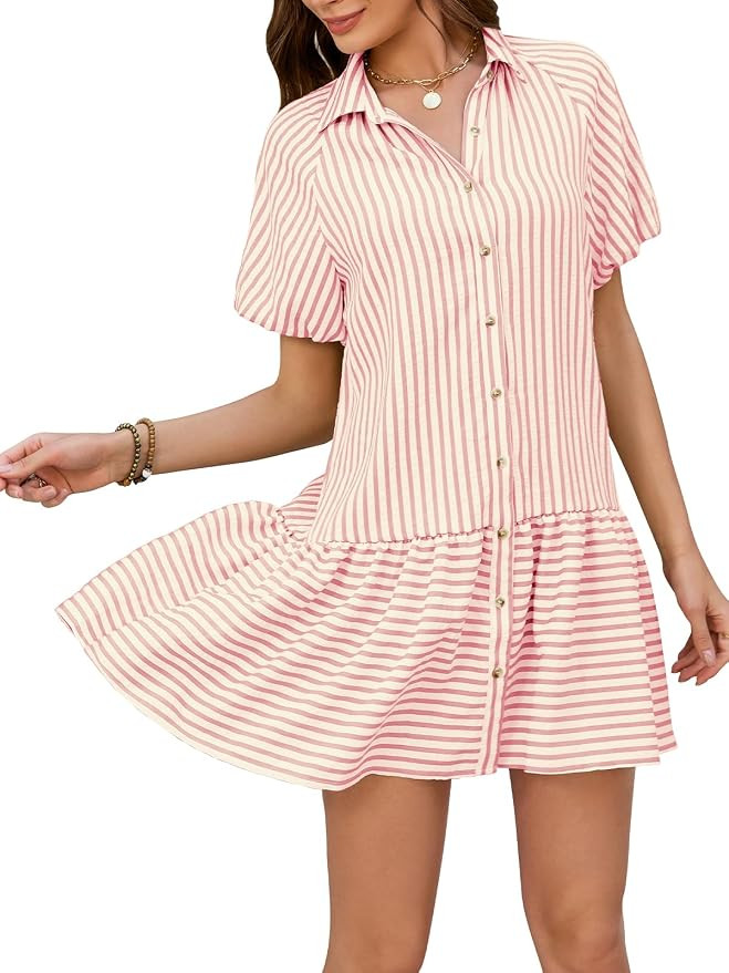 Womens Summer Striped Shirt Dress Short Puff Sleeve Button Down Ruffle Flowy Dress Loose Fit Casu... | Amazon (US)