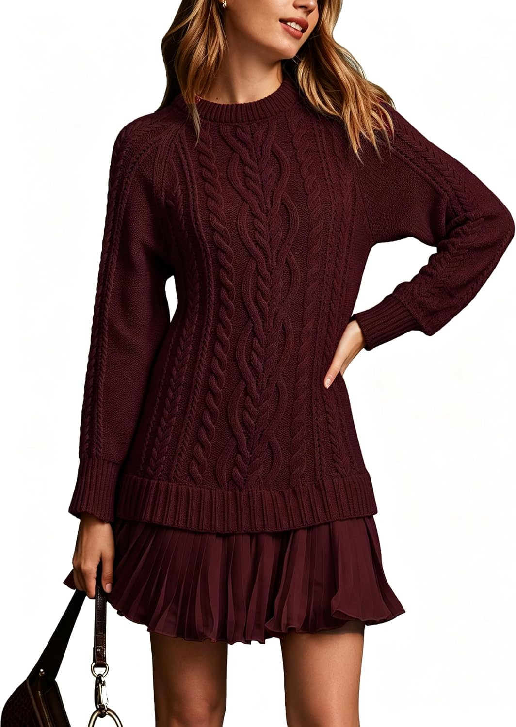 Bluetime Women's Cable Knit Long Sleeve Pleated Fall Mini Sweater Dresses | Amazon (US)